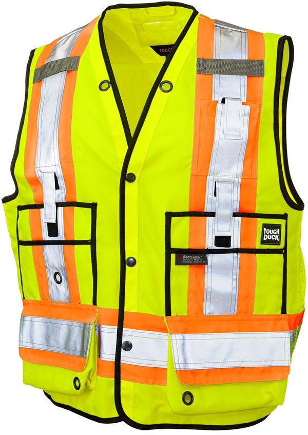 Am image of a Custom Tough Duck Surveyor Safety Vest in Fluorescent Green!