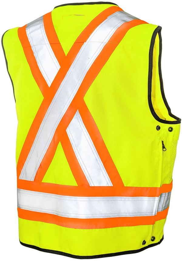 Am image of a Custom Tough Duck Surveyor Safety Vest in Fluorescent Green!