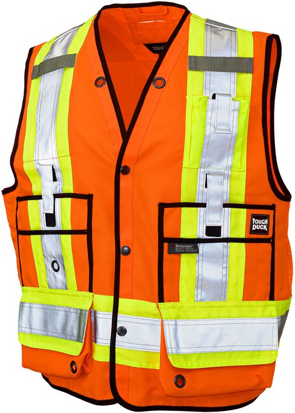 Am image of a Custom Tough Duck Surveyor Safety Vest in Fluorescent Orange!