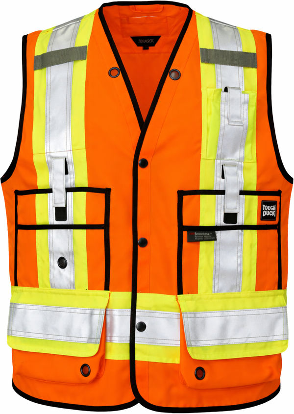 An image of a Custom Tough Duck Surveyor Safety Vest in Fluorescent Orange!
