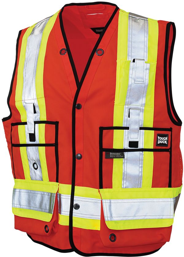 Am image of a Custom Tough Duck Surveyor Safety Vest in Red!