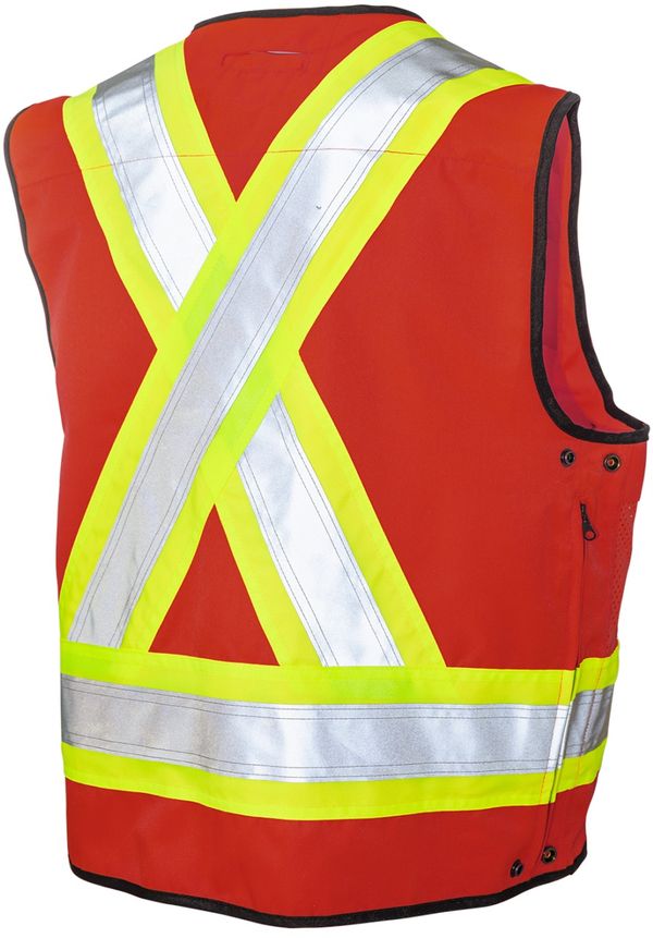 Am image of a Custom Tough Duck Surveyor Safety Vest in Red!