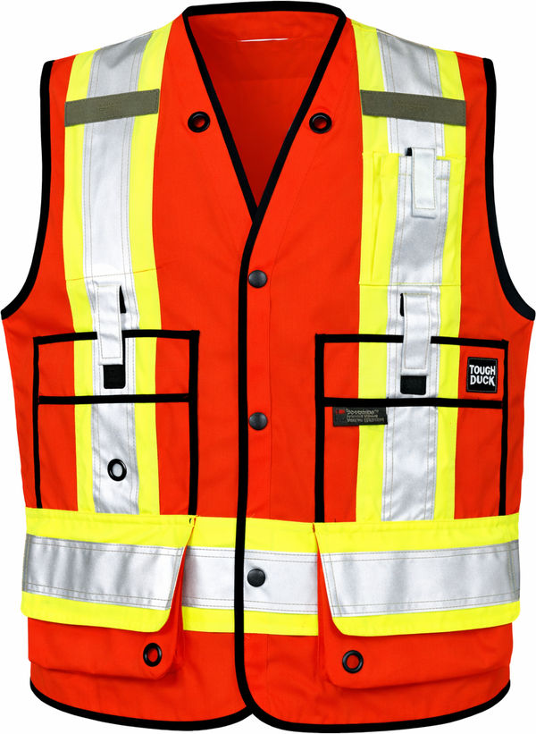 An image of a Custom Tough Duck Surveyor Safety Vest in Red!