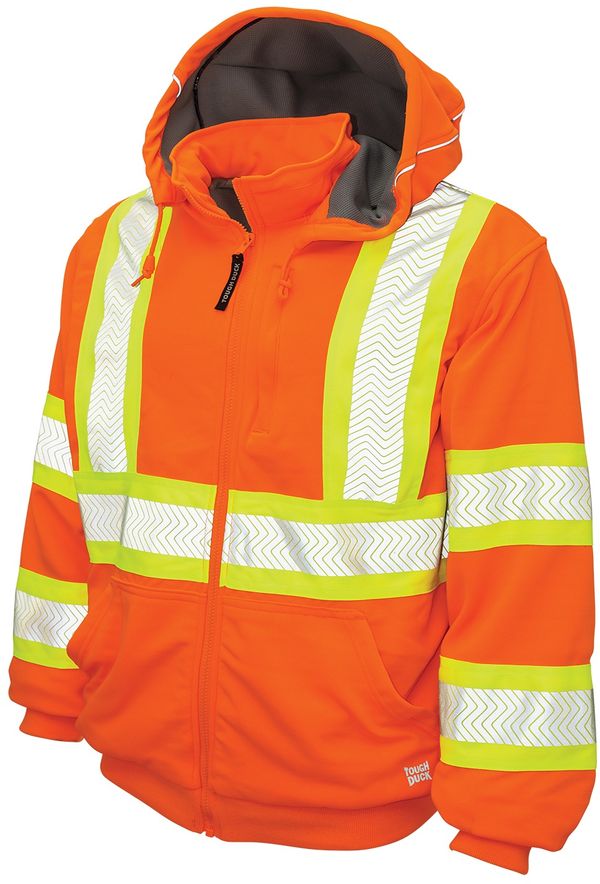 Am image of a Custom Tough Duck Thermal Safety Hoodie in Fluorescent Orange!