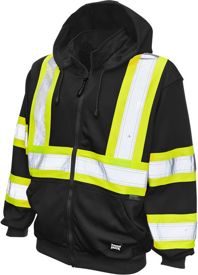Am image of a Custom Tough Duck Unlined Safety Hoodie in Black!