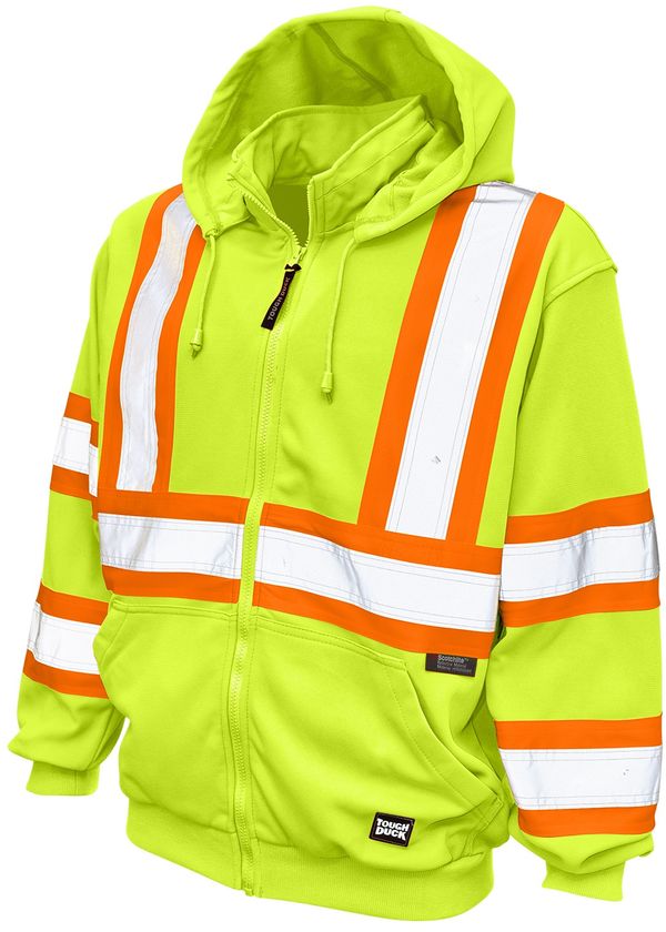 An image of a Custom Tough Duck Unlined Safety Hoodie in Fluorescent Green!
