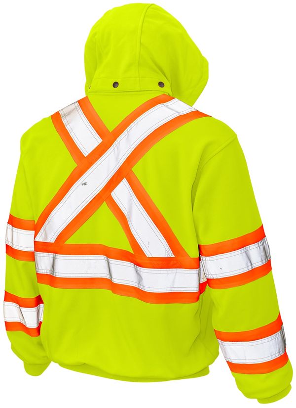 An image of a Custom Tough Duck Unlined Safety Hoodie in Fluorescent Green!