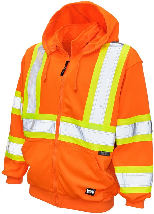 Am image of a Custom Tough Duck Unlined Safety Hoodie in Fluorescent Orange!