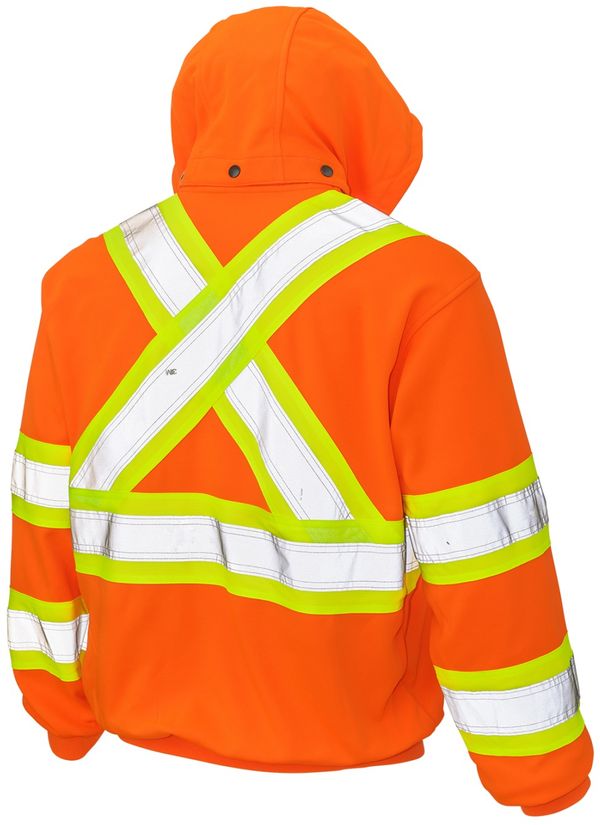 Am image of a Custom Tough Duck Unlined Safety Hoodie in Fluorescent Orange!