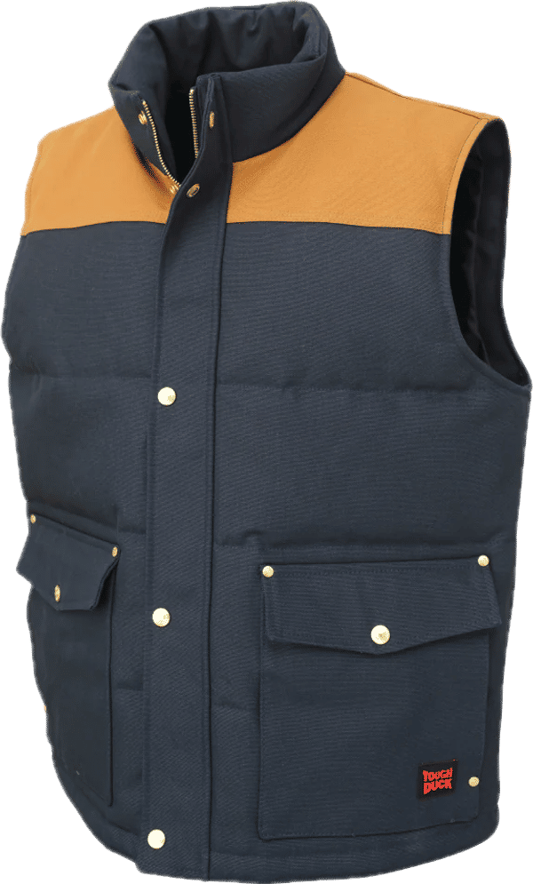 Am image of a Custom Tough Duck Woodsman Vest in Navy!