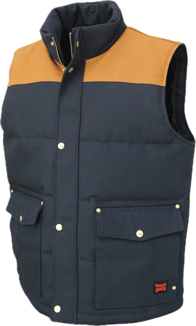 Am image of a Custom Tough Duck Woodsman Vest in Navy!