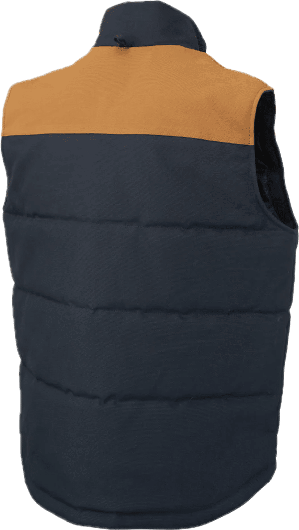 Am image of a Custom Tough Duck Woodsman Vest in Navy!