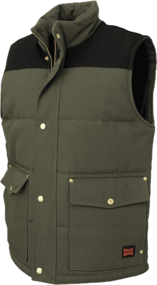 Am image of a Custom Tough Duck Woodsman Vest in Olive!