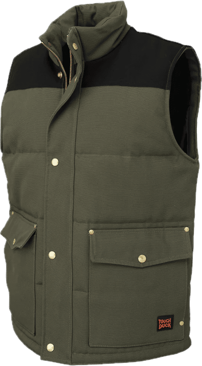 Am image of a Custom Tough Duck Woodsman Vest in Olive!