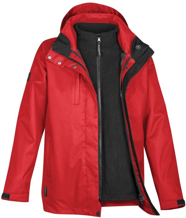 Am image of a Custom Stormtech Women's Vortex HD 3 In 1 System Parka in Red!