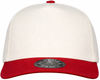 An image of a Custom True North 5 Panel Poly Cotton Twill Snap Back Cap in Ivory/Red!