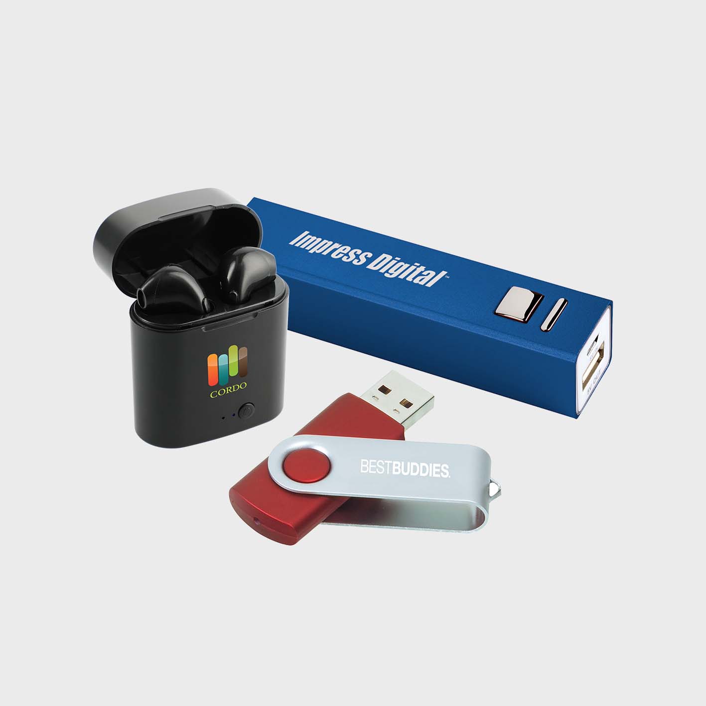 An image of technology gadgets that you can print your logo on!