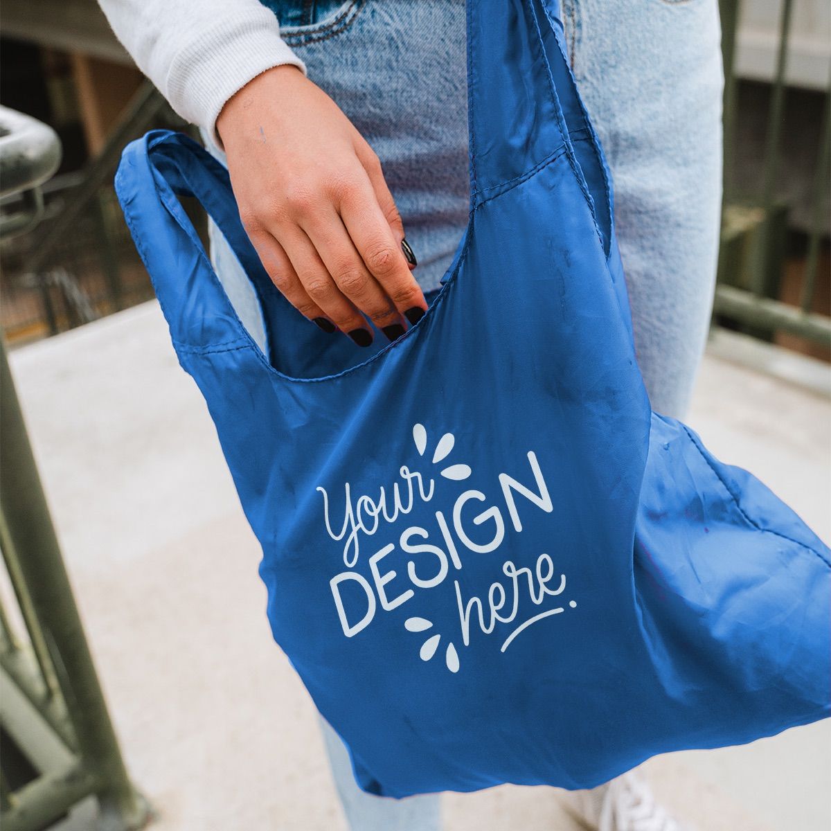 A polyester tote bag with a design printed on the front