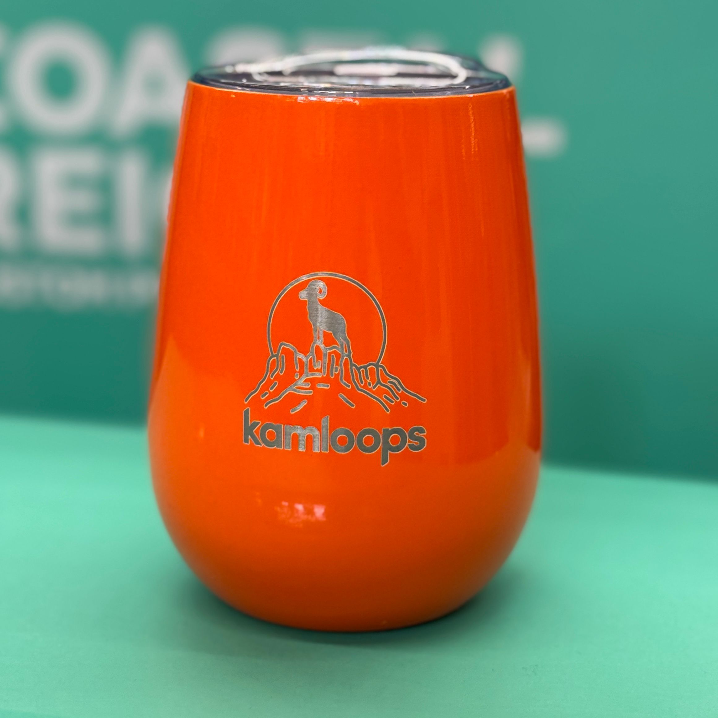 A tumbler we laser printed for Kamloops Tourism