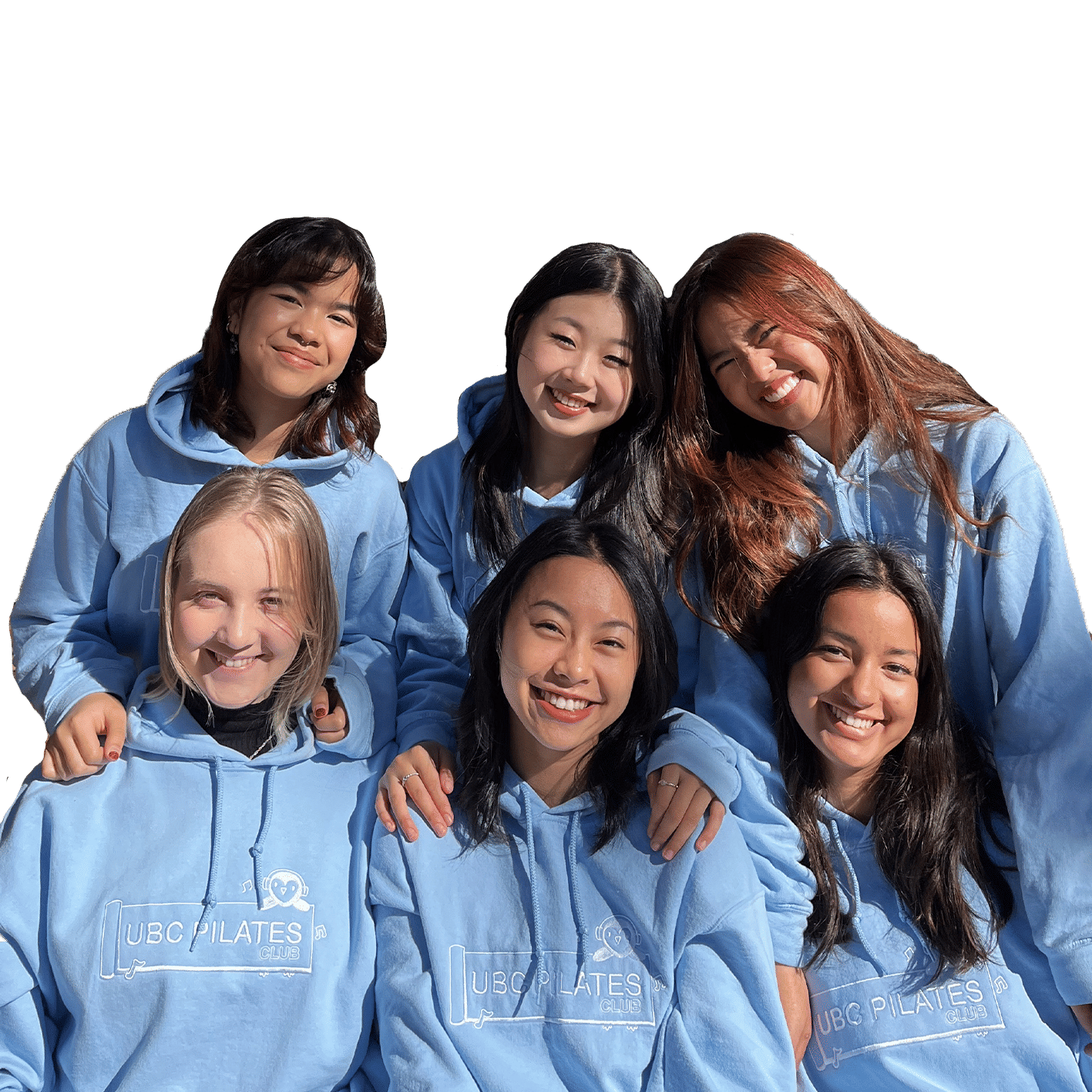 An image of the UBC Pilates club wearing custom hoodies embroidered by us!