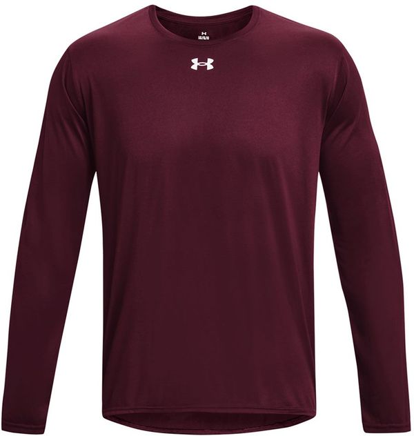 Am image of a Custom Under Armour Men's Team Tech Long Sleeve T Shirt in Maroon/white!