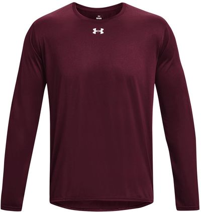 Am image of a Custom Under Armour Men's Team Tech Long Sleeve T Shirt in Maroon/white!