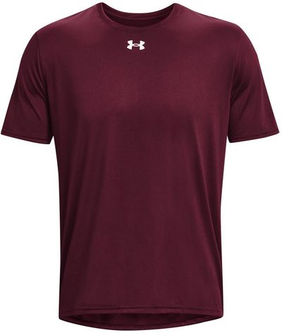 Am image of a Custom Under Armour Men's Team Tech T Shirt in Maroon/white!