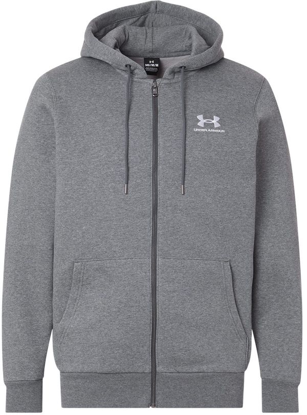 An image of a Custom Under Armour Mens Icon Fleece Hooded Full Zip in Pitch Grey Medium Heather/ White!