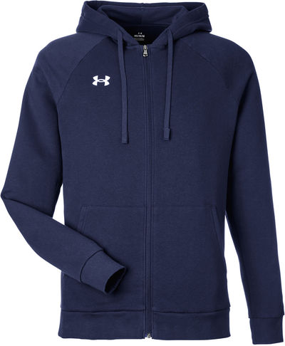 Am image of a Custom Under Armour Mens Rival Fleece Full Zip in Mid Navy/White!