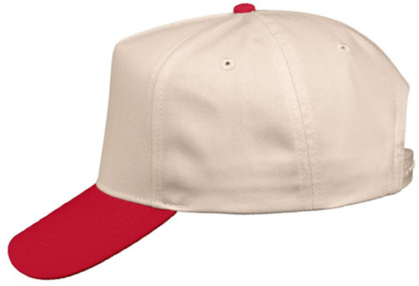 An image of a Custom Valucap Five Panel Cap in Natural/Red!