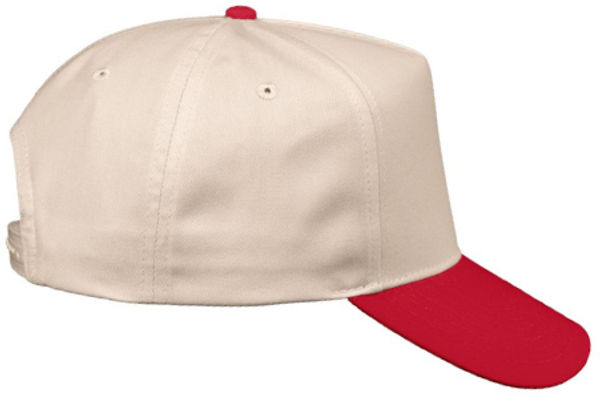 An image of a Custom Valucap Five Panel Cap in Natural/Red!