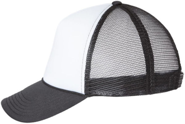 An image of a Custom Valucap Foam Mesh Back Trucker Cap in White/Black!