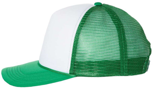 An image of a Custom Valucap Foam Mesh Back Trucker Cap in White/Kelly!