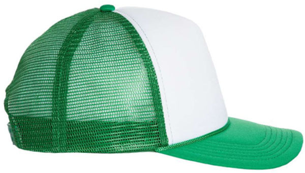 An image of a Custom Valucap Foam Mesh Back Trucker Cap in White/Kelly!