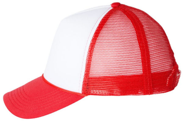 An image of a Custom Valucap Foam Mesh Back Trucker Cap in White/Red!