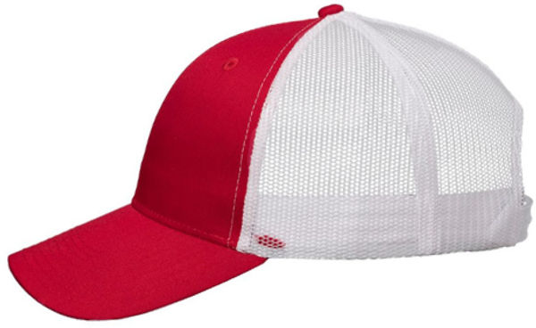 An image of a Custom Valucap Mesh Back Trucker Cap in Red/White!