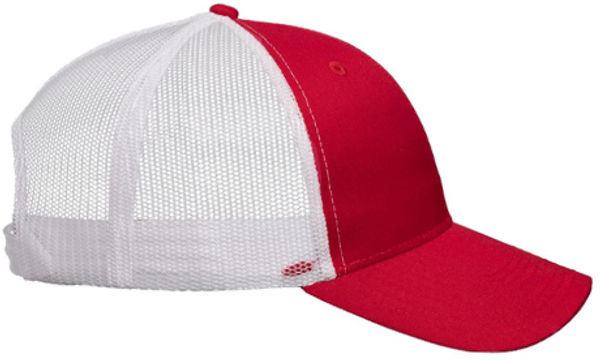 An image of a Custom Valucap Mesh Back Trucker Cap in Red/White!