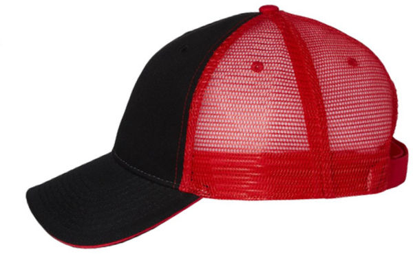 An image of a Custom Valucap Sandwich Trucker Cap in Black/Red!
