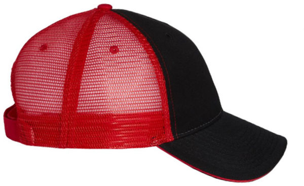 An image of a Custom Valucap Sandwich Trucker Cap in Black/Red!