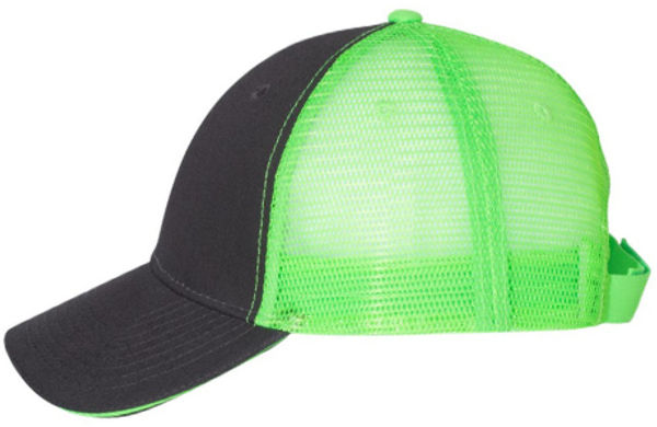 An image of a Custom Valucap Sandwich Trucker Cap in Charcoal/Neon Green!