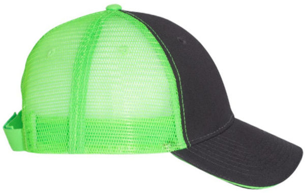 An image of a Custom Valucap Sandwich Trucker Cap in Charcoal/Neon Green!