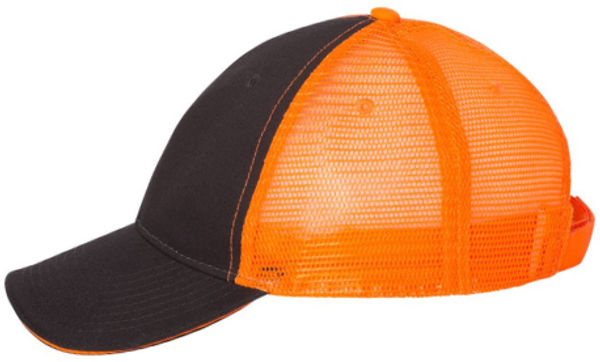 An image of a Custom Valucap Sandwich Trucker Cap in Charcoal/Neon Orange!