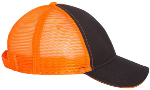 An image of a Custom Valucap Sandwich Trucker Cap in Charcoal/Neon Orange!