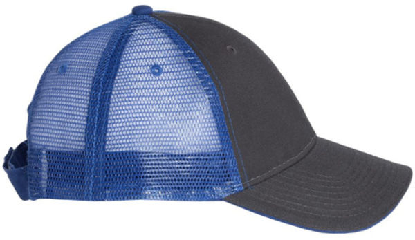 An image of a Custom Valucap Sandwich Trucker Cap in Charcoal/Royal!