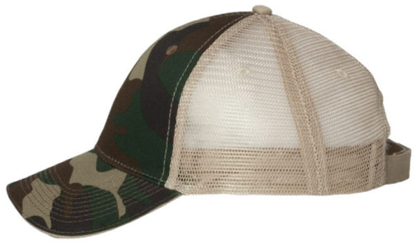 An image of a Custom Valucap Sandwich Trucker Cap in Green Camo/Tan!