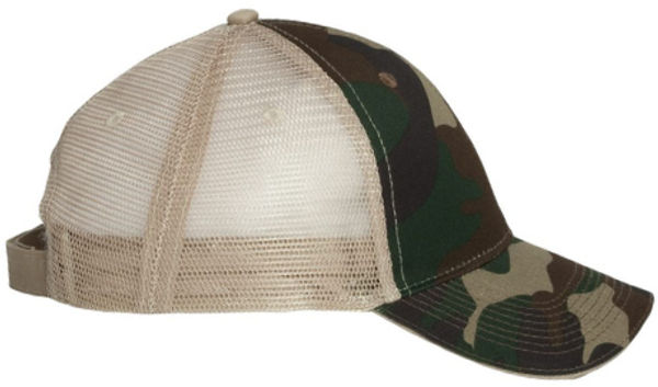 An image of a Custom Valucap Sandwich Trucker Cap in Green Camo/Tan!