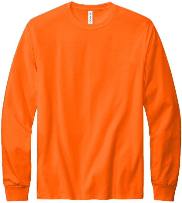 Am image of a Custom Volunteer Knitwear All American Long Sleeve Tee in Safety Orange!