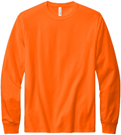Am image of a Custom Volunteer Knitwear All American Long Sleeve Tee in Safety Orange!