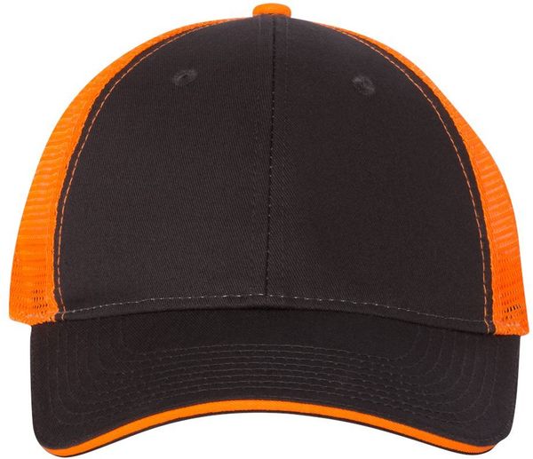Am image of a Custom Valucap SandwichTrucker Cap in Charcoal/Neon Orange!
