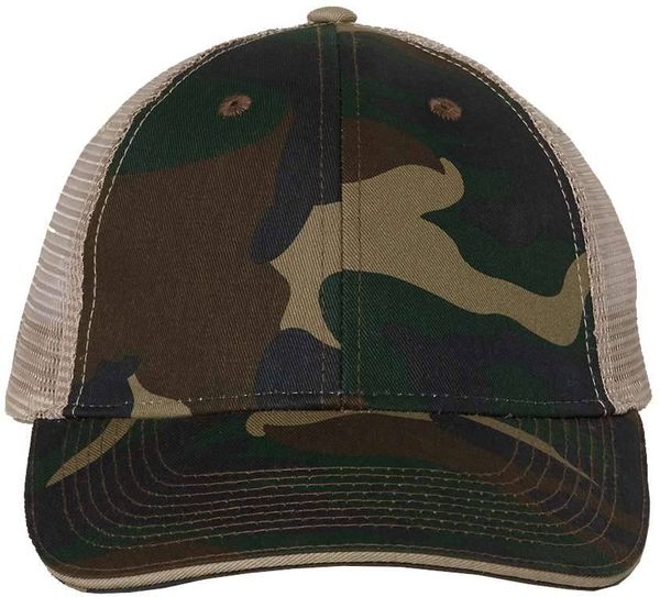 Am image of a Custom Valucap Sandwich Trucker Cap in Green Camo/Tan!